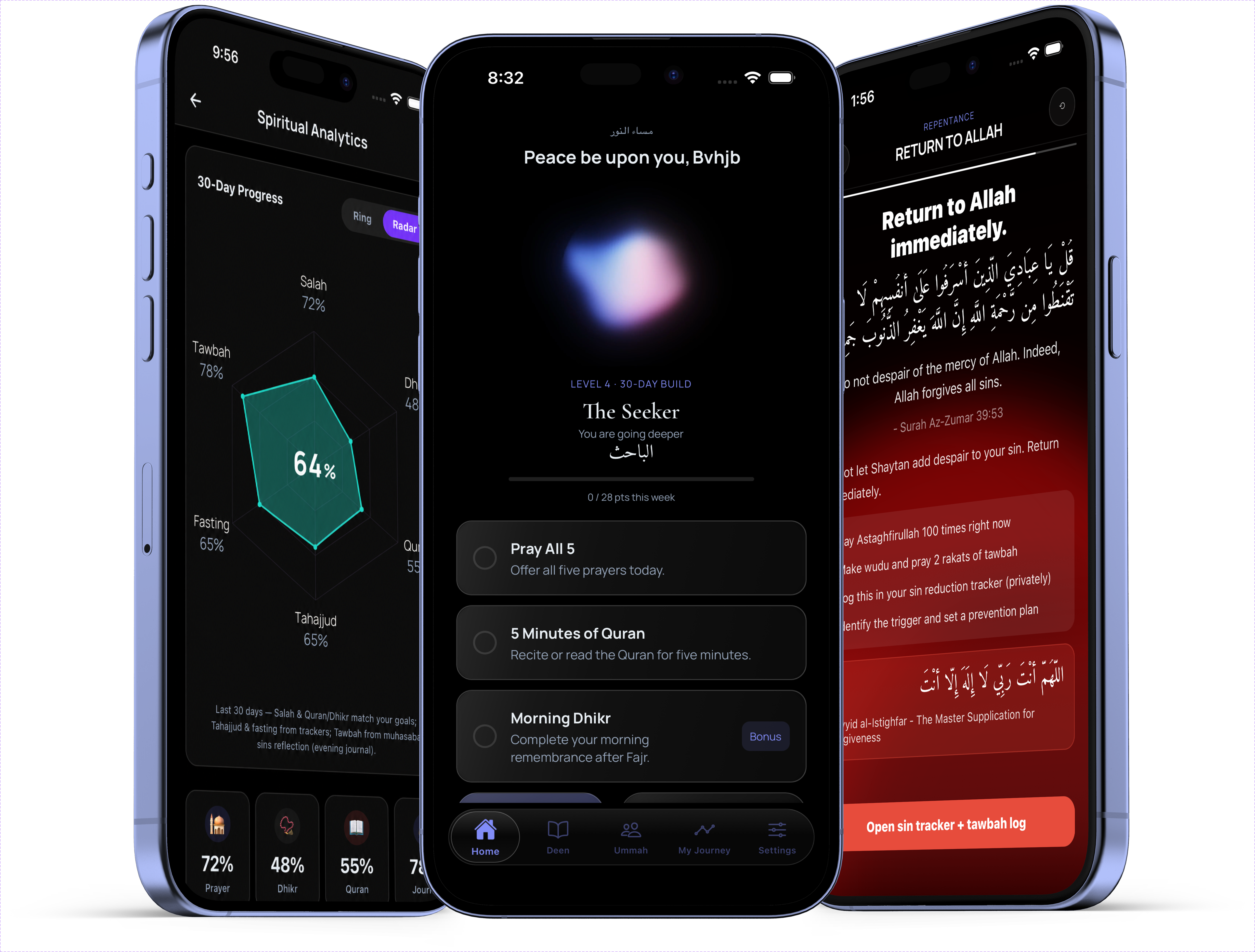 Suufi app screenshots showing Islamic habit tracking interface